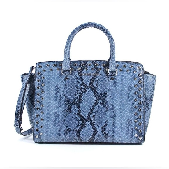 Pre-loved MICHAEL by Michael Kors 'Selma' Snake Embossed Jeweled Satchel - Denim - Picture 3 of 7